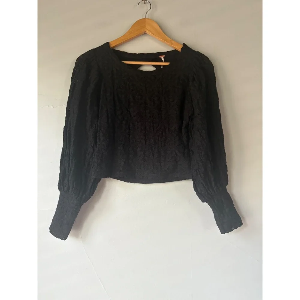 Free‎ People Tea Time Lace Puff Sleeve Top Black Small
